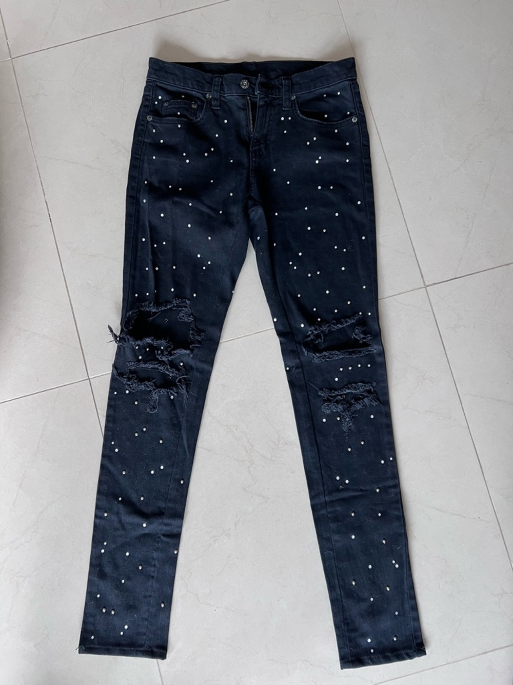 Women’s Black Distressed Skinny Jeans with Pearl Studs-Size 26